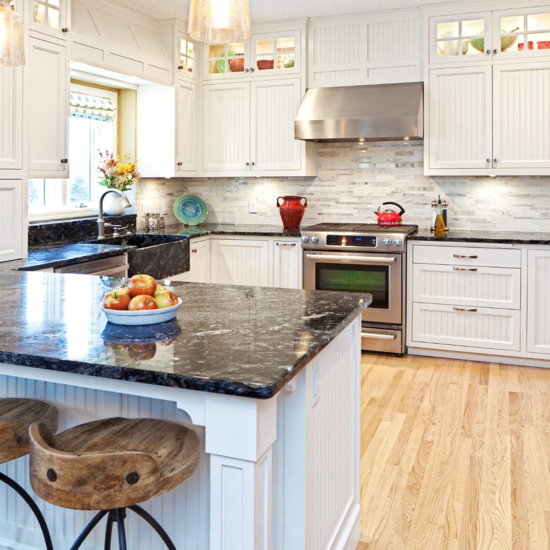 Fair Oaks white Kitchen with black granite