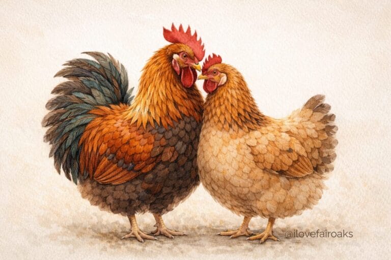 rooster and hen in Fair Oaks Finn series